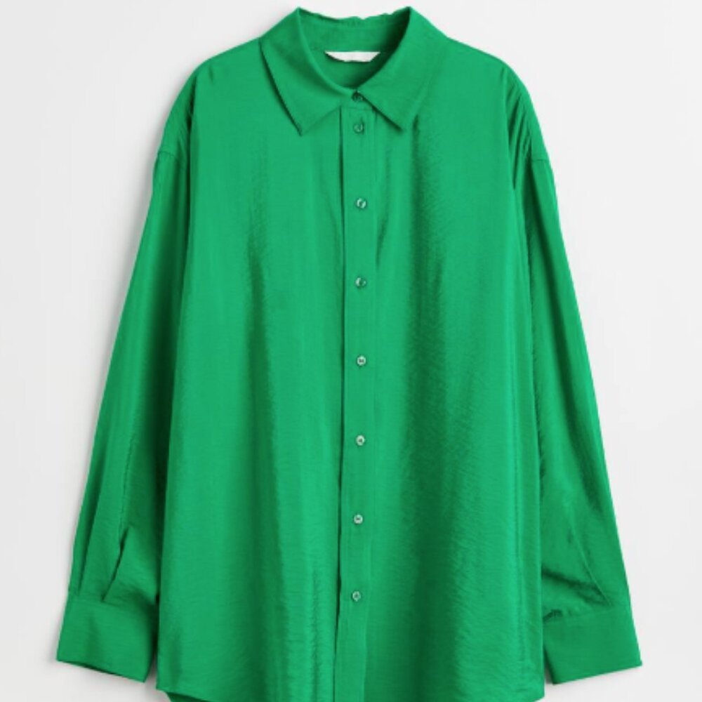 H&M Women's Green Oversized Satin Button-up Blouse - Picture 1 of 5